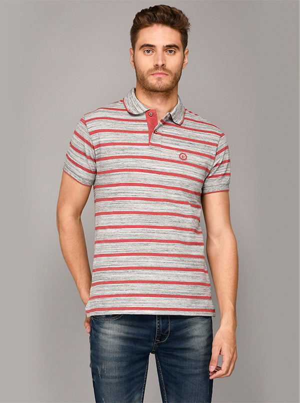 Greenfibre Light Grey & Red Striped Slim Fit Polo T-Shirt