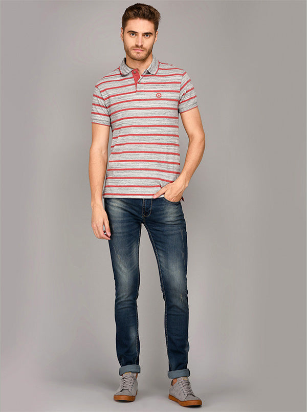 Greenfibre Light Grey & Red Striped Slim Fit Polo T-Shirt