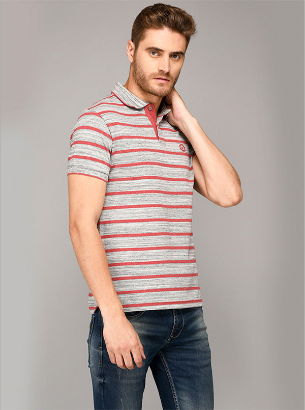 Greenfibre Light Grey & Red Striped Slim Fit Polo T-Shirt