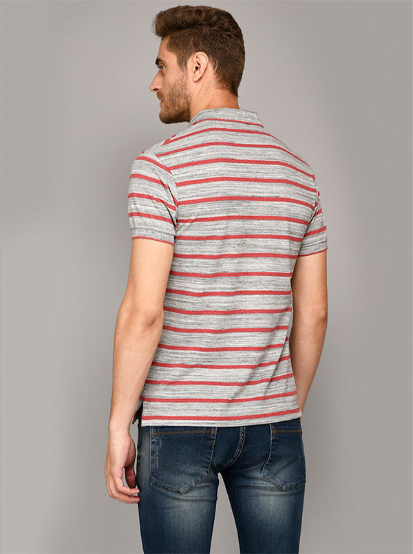 Greenfibre Light Grey & Red Striped Slim Fit Polo T-Shirt