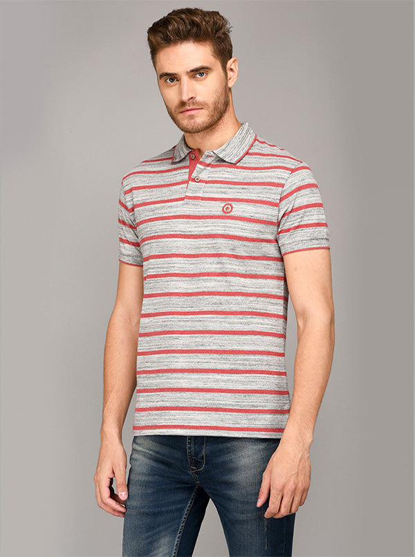 Greenfibre Light Grey & Red Striped Slim Fit Polo T-Shirt