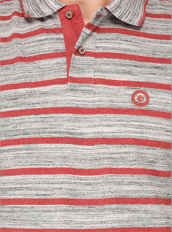 Greenfibre Light Grey & Red Striped Slim Fit Polo T-Shirt