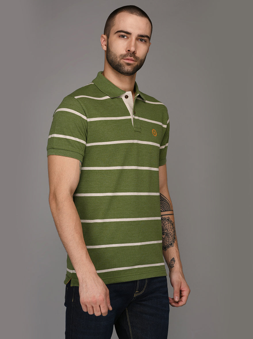 Greenfibre Olive Green Striped Slim Fit Polo T-Shirt