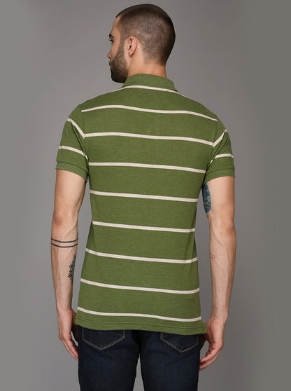 Greenfibre Olive Green Striped Slim Fit Polo T-Shirt