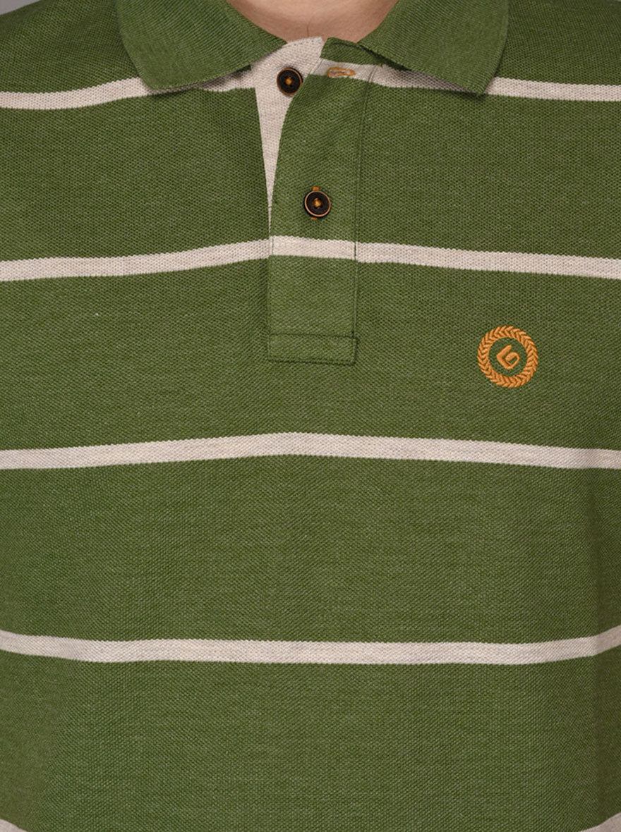 Greenfibre Olive Green Striped Slim Fit Polo T-Shirt