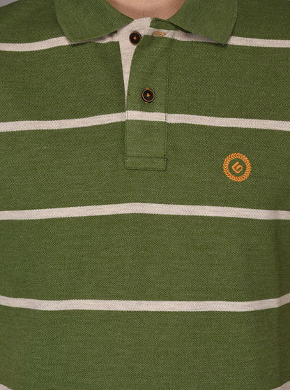 Greenfibre Olive Green Striped Slim Fit Polo T-Shirt