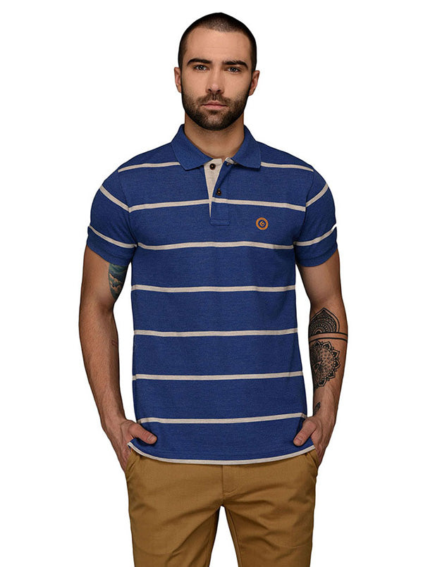 Greenfibre Marine Blue Striped Slim Fit Polo T-Shirt