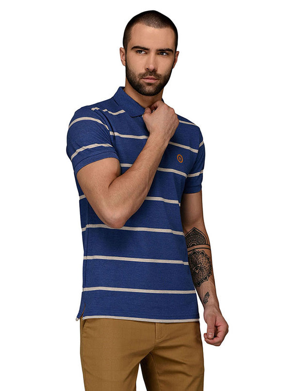 Greenfibre Marine Blue Striped Slim Fit Polo T-Shirt