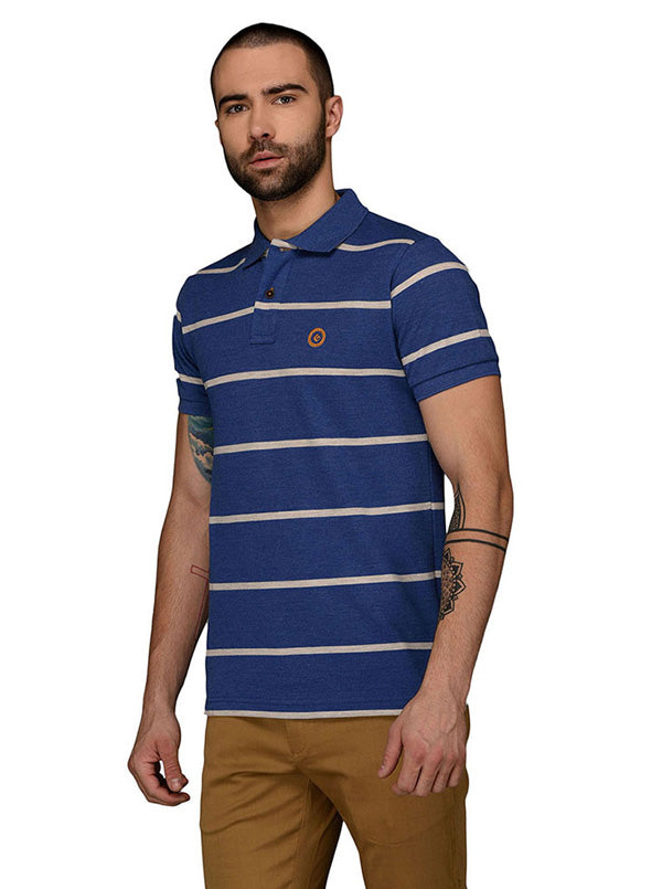 Greenfibre Marine Blue Striped Slim Fit Polo T-Shirt