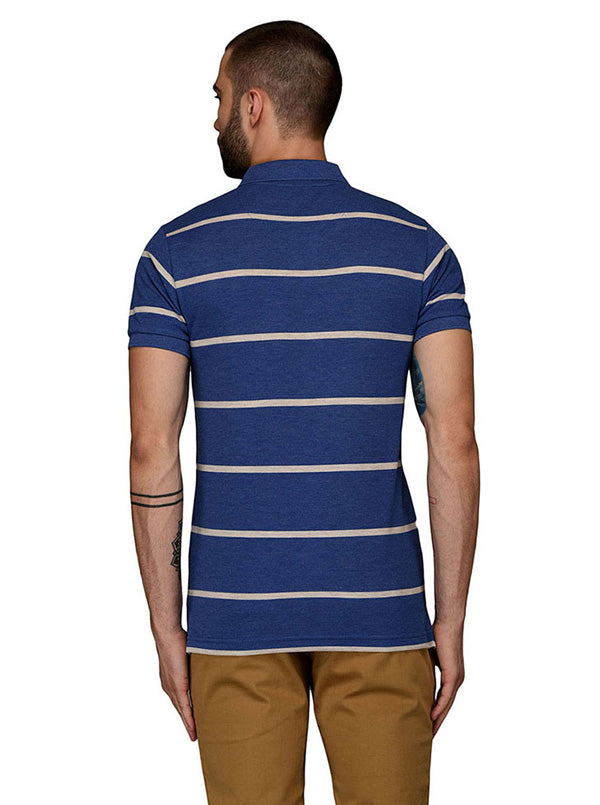 Greenfibre Marine Blue Striped Slim Fit Polo T-Shirt