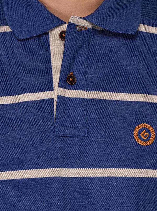 Greenfibre Marine Blue Striped Slim Fit Polo T-Shirt