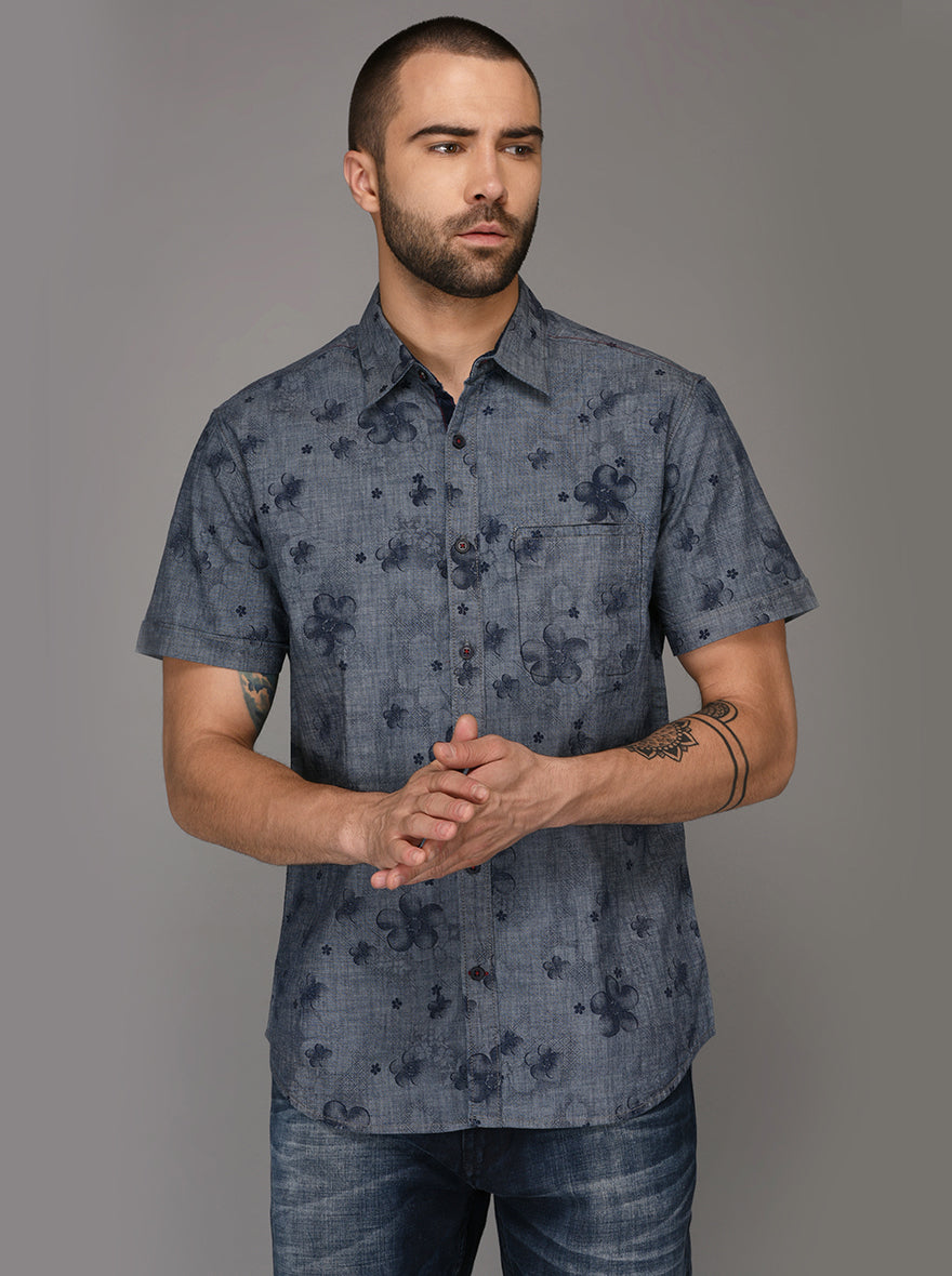 Greenfibre Sand Blue Printed Slim Fit Casual Shirt