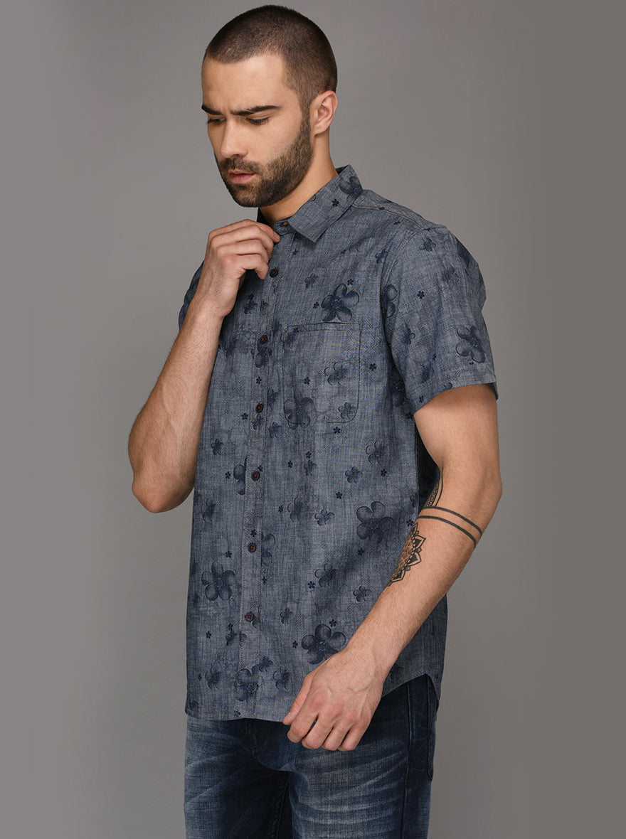 Greenfibre Sand Blue Printed Slim Fit Casual Shirt