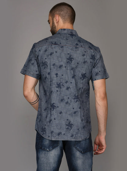 Greenfibre Sand Blue Printed Slim Fit Casual Shirt