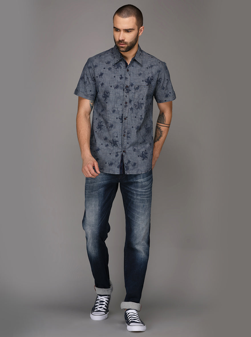 Greenfibre Sand Blue Printed Slim Fit Casual Shirt