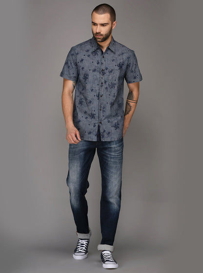 Greenfibre Sand Blue Printed Slim Fit Casual Shirt