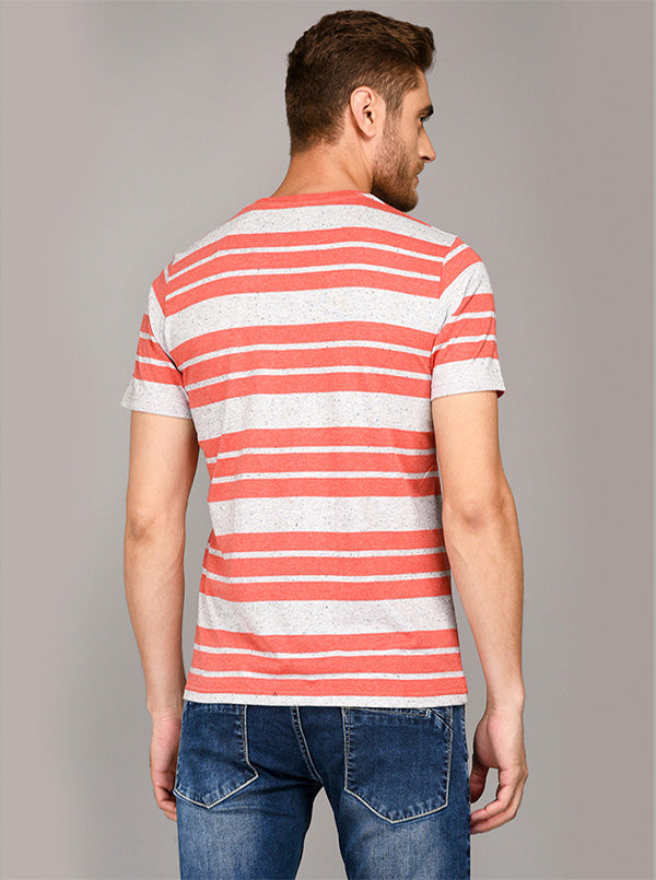 Greenfibre Carrot Red & Grey Striped Slim Fit Round Neck T-Shirt