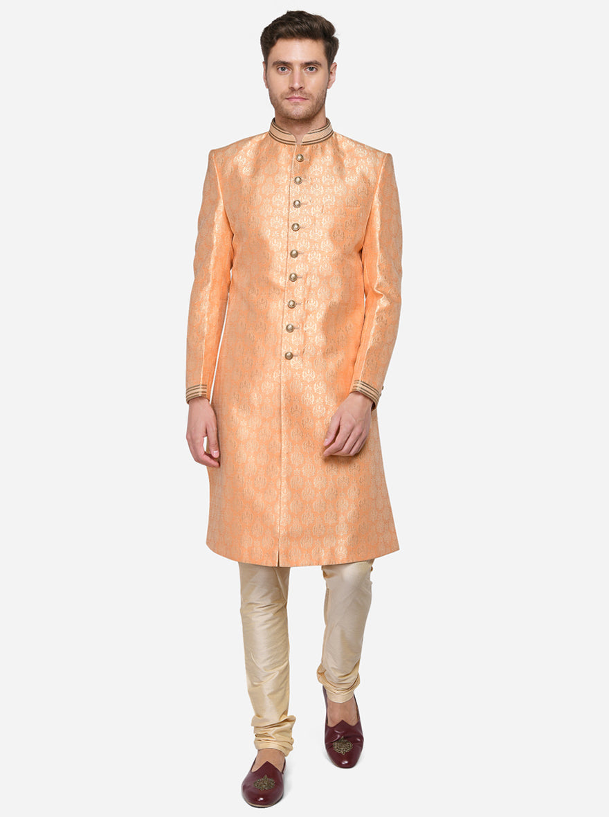 Light Orange & Golden Sherwani | Azania