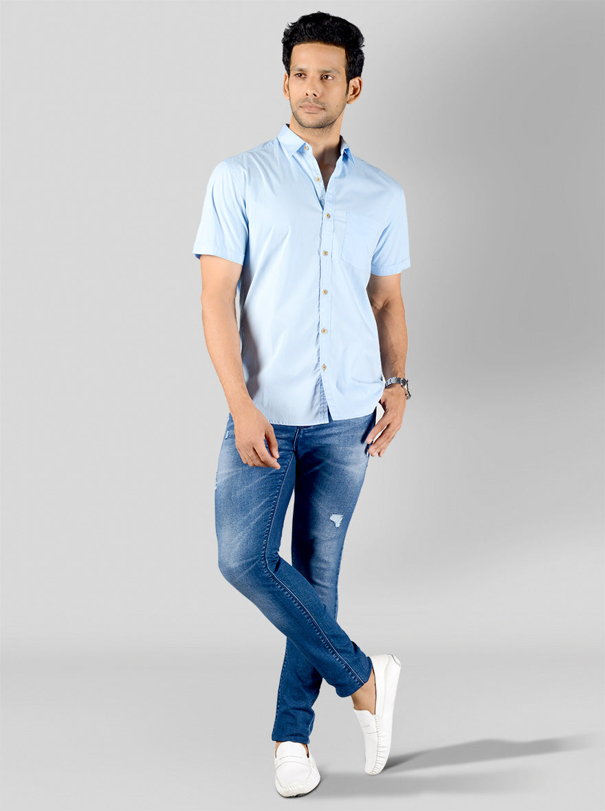 Winter Sky Blue Solid Slim Fit Casual Shirt | Greenfibre