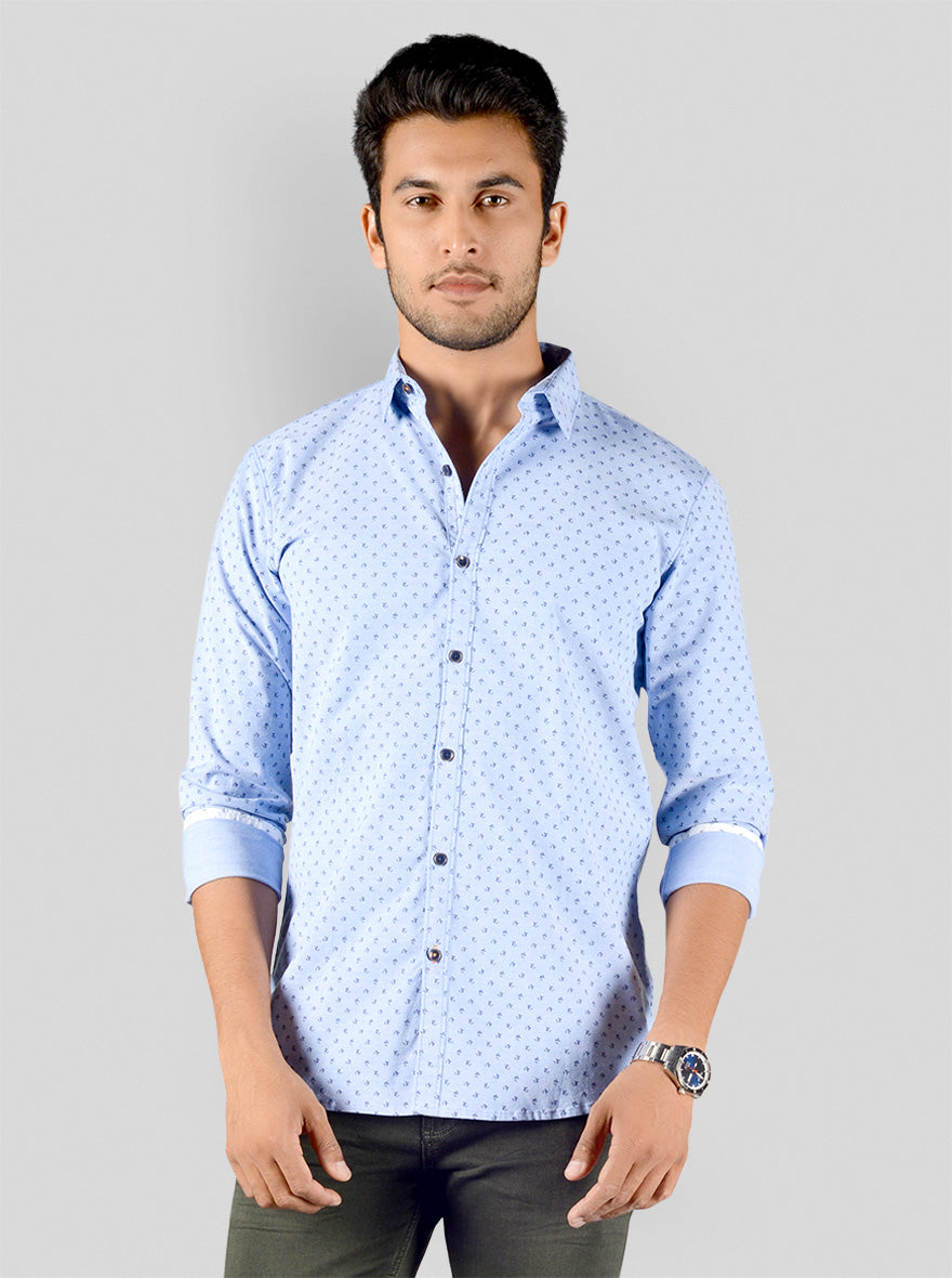 Light Blue Printed Slim Fit Casual Shirt | JB Sport