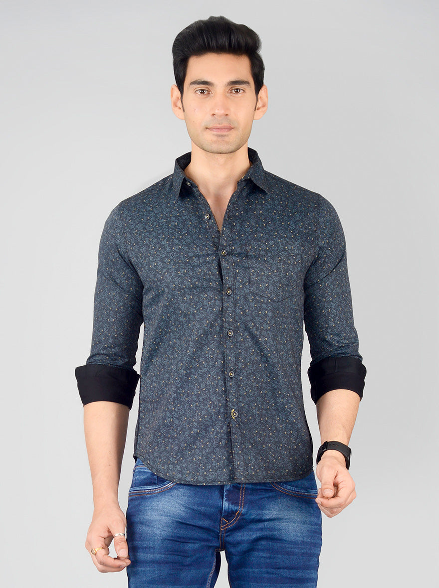 Deep Blue Printed Slim Fit Casual Shirt | Greenfibre