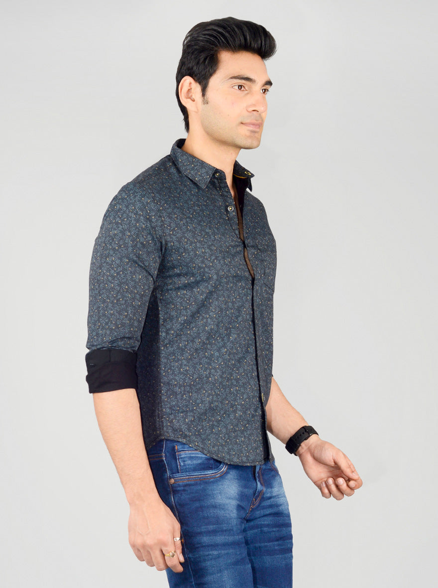 Deep Blue Printed Slim Fit Casual Shirt | Greenfibre