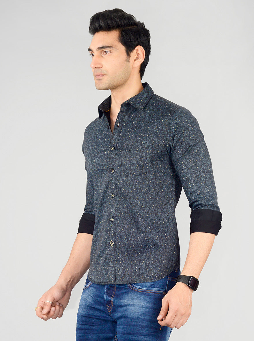 Deep Blue Printed Slim Fit Casual Shirt | Greenfibre