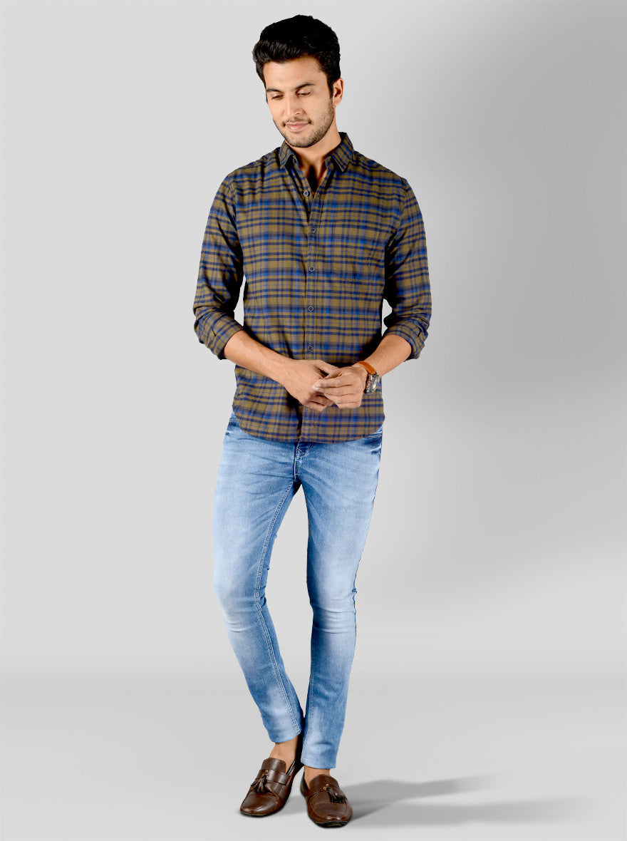 Olive Brown & Blue Checked Slim Fit Casual Shirt | Greenfibre