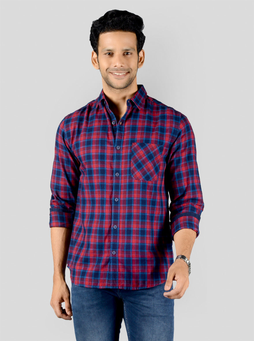 Red & Blue Checked Slim Fit Casual Shirt | Greenfibre