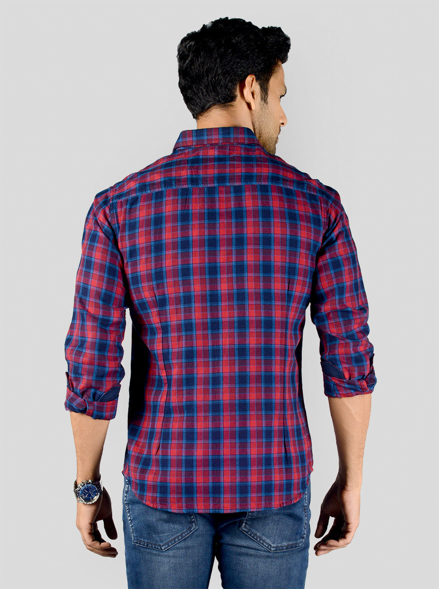 Red & Blue Checked Slim Fit Casual Shirt | Greenfibre