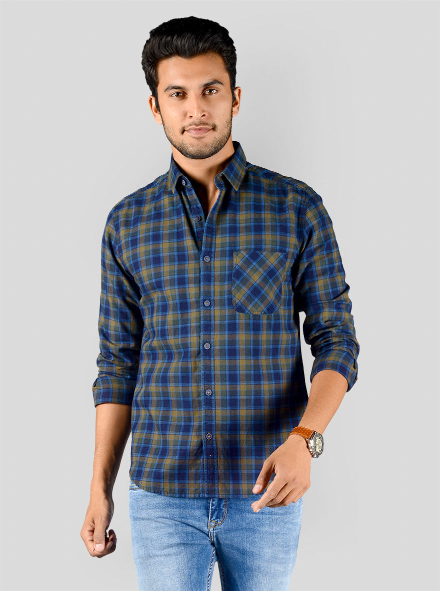 Blue & Olive Brown Checked Slim Fit Casual Shirt | Greenfibre