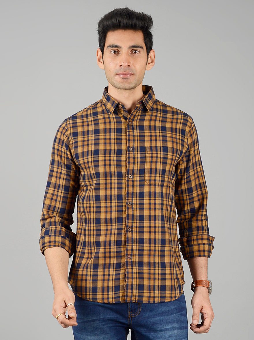 Honey Yellow & Blue Checked Slim Fit Casual Shirt | Greenfibre