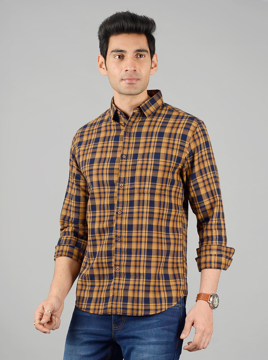 Honey Yellow & Blue Checked Slim Fit Casual Shirt | Greenfibre