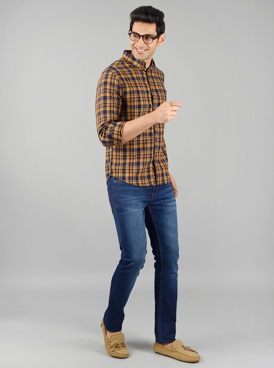 Honey Yellow & Blue Checked Slim Fit Casual Shirt | Greenfibre