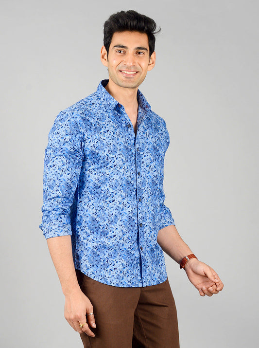 Marina Blue Printed Slim Fit Casual Shirt | Greenfibre