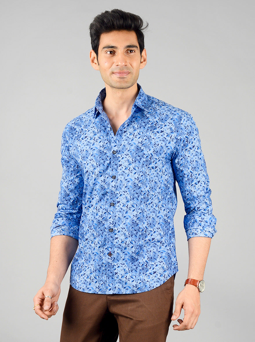 Marina Blue Printed Slim Fit Casual Shirt | Greenfibre