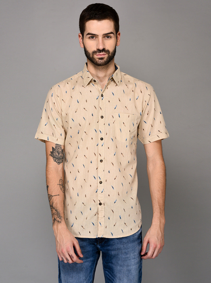 JB Sport Beige Printed Slim Fit Casual Shirt