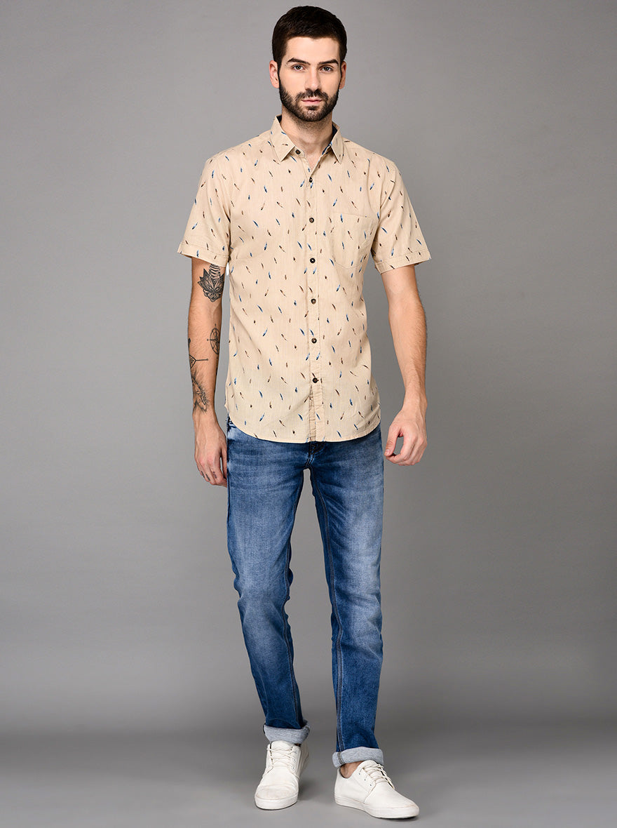 JB Sport Beige Printed Slim Fit Casual Shirt