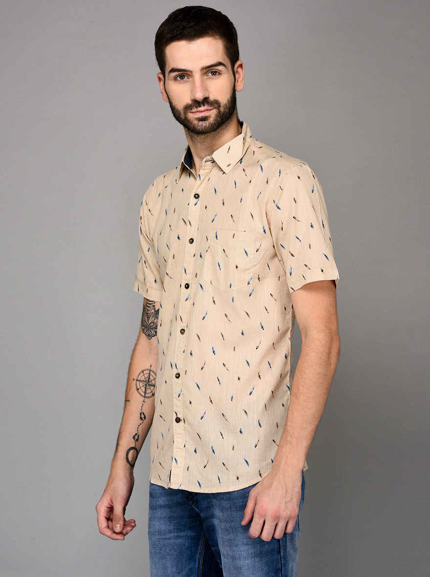JB Sport Beige Printed Slim Fit Casual Shirt