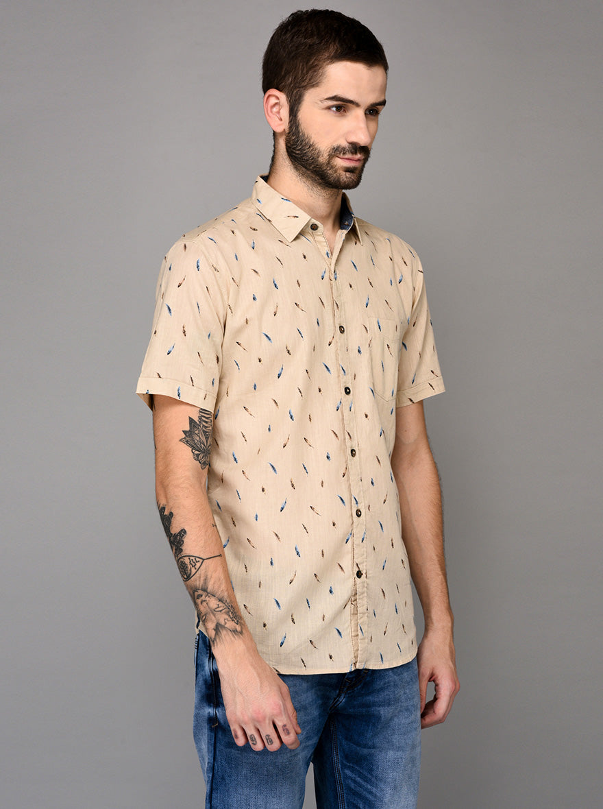 JB Sport Beige Printed Slim Fit Casual Shirt