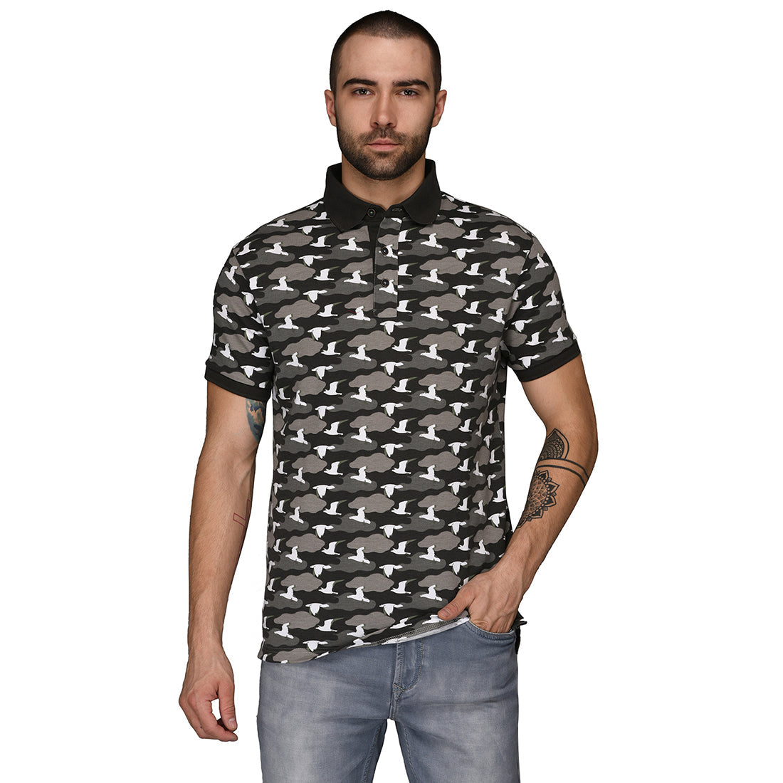 Black & Grey Printed Slim Fit Polo T-Shirt | JB Sport