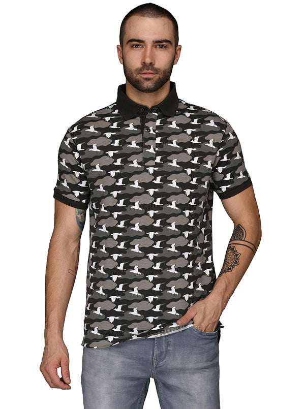 Black & Grey Printed Slim Fit Polo T-Shirt | JB Sport