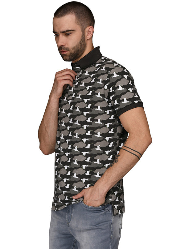 Black & Grey Printed Slim Fit Polo T-Shirt | JB Sport