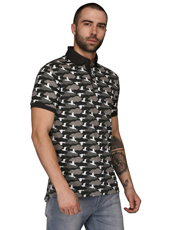 Black & Grey Printed Slim Fit Polo T-Shirt | JB Sport