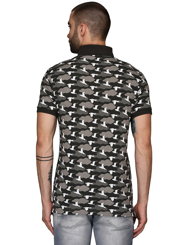 Black & Grey Printed Slim Fit Polo T-Shirt | JB Sport