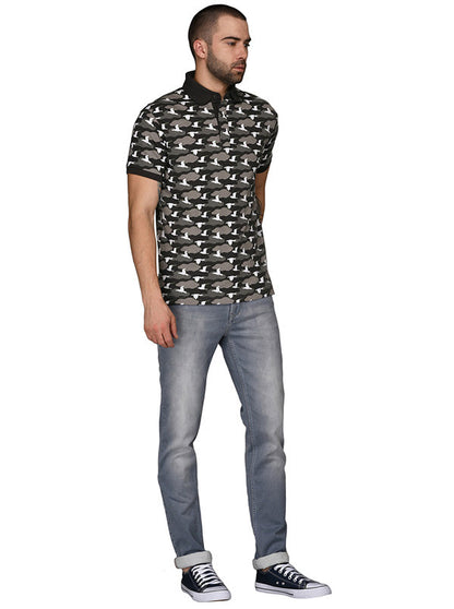 Black & Grey Printed Slim Fit Polo T-Shirt | JB Sport