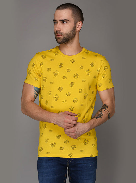 Bright Yellow Printed Slim Fit Round Neck T-Shirt | JB Sport