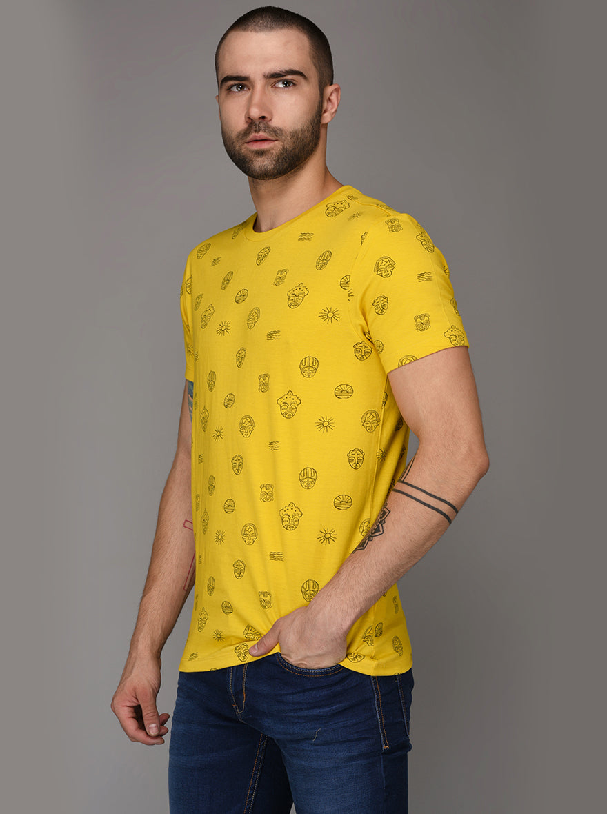 Bright Yellow Printed Slim Fit Round Neck T-Shirt | JB Sport