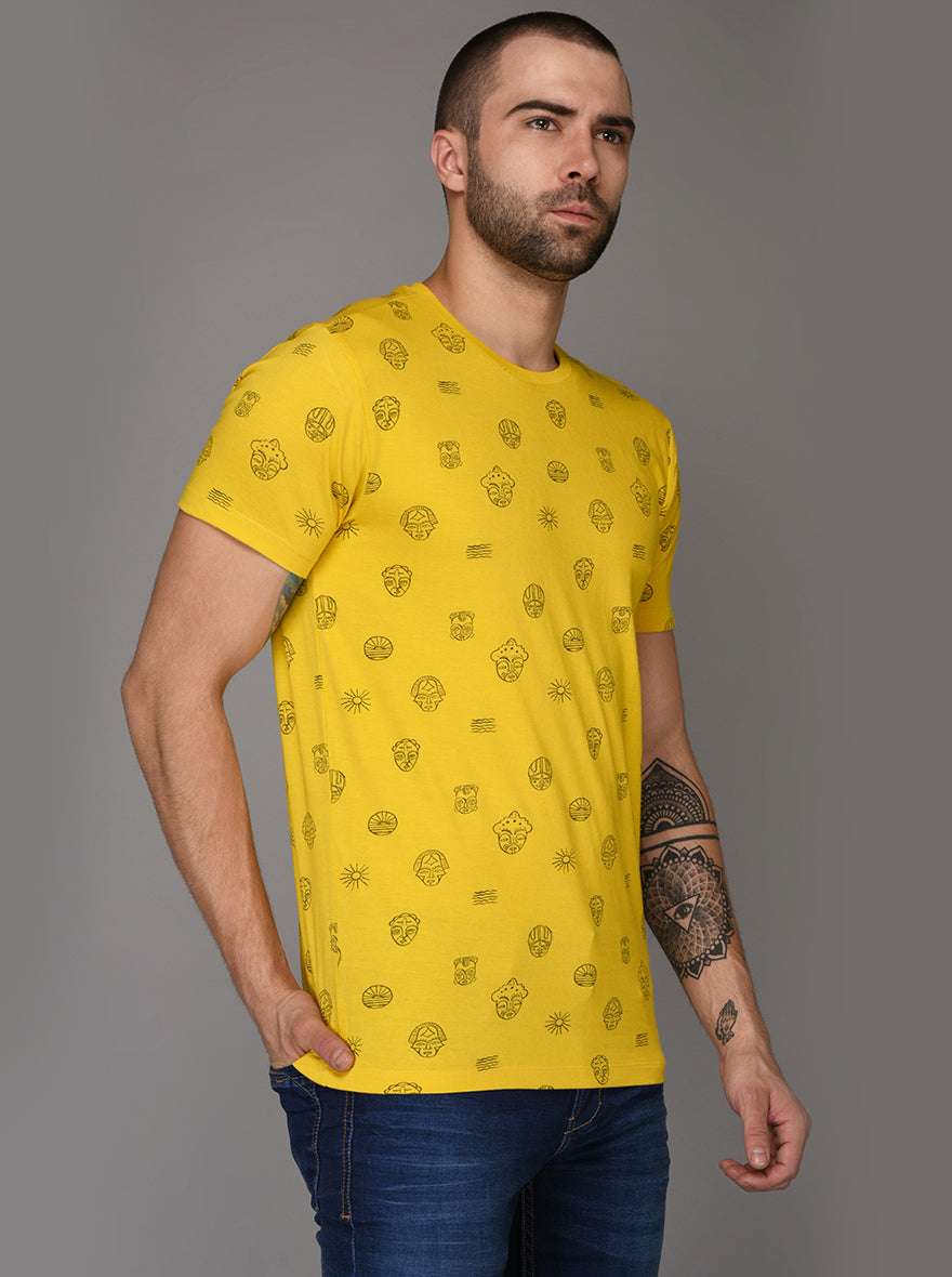 Bright Yellow Printed Slim Fit Round Neck T-Shirt | JB Sport