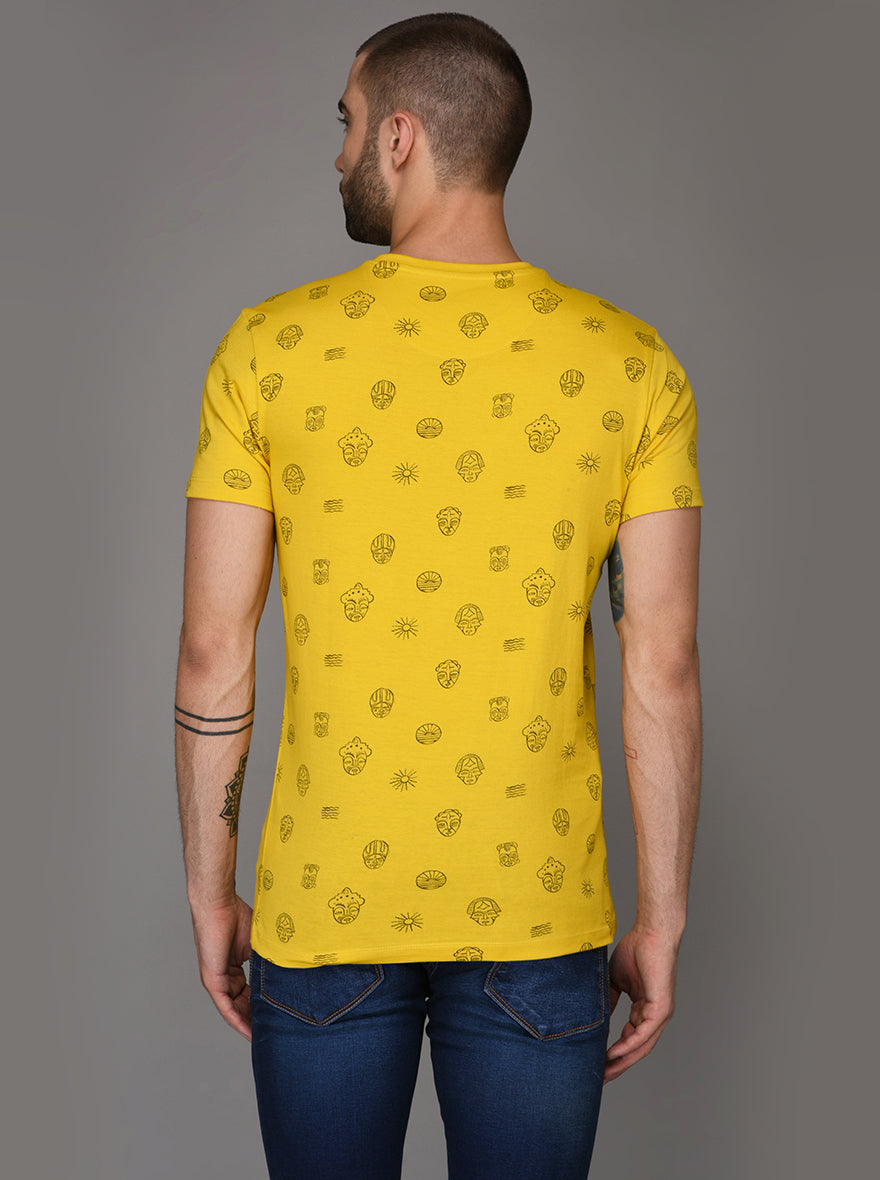 Bright Yellow Printed Slim Fit Round Neck T-Shirt | JB Sport